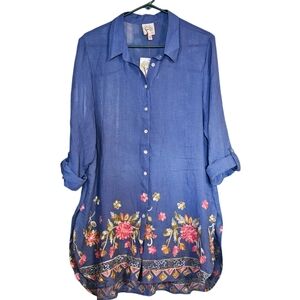 NWT Fig and Flower Embroidered Button Down Tunic Blouse Women's Size XL
